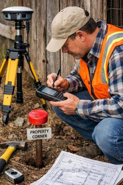 Licensed surveyor documenting a property corner marker with surveying equipment and site plans