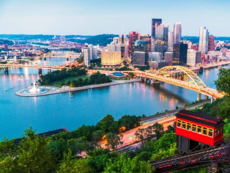 Pittsburgh, Pennsylvania skyline and riverfront with bridges, surrounding properties, and urban development areas relevant to land surveying and site planning