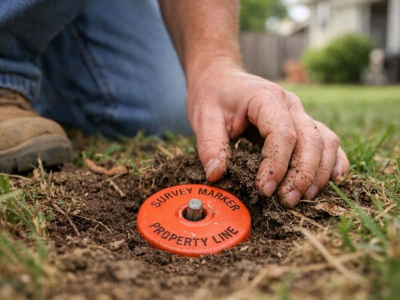 Homeowner uncovering a property survey marker in the backyard near a property line