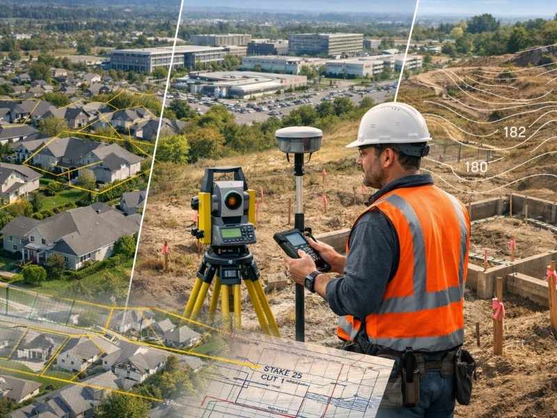 Surveyor using GPS equipment for different types of land surveys on residential and construction properties