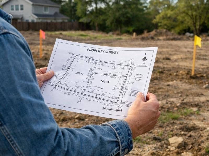 Person holding a land survey report while standing on a marked residential property lot